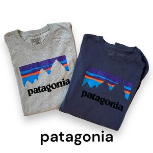 Patagonia lot of TWO men’s Medium long sleeve logo t shirts. Navy and gray